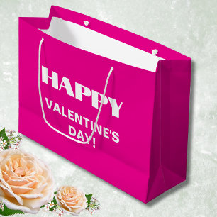 Simple White Clean Happy Valentines Day Hot Pink Large Gift Bag