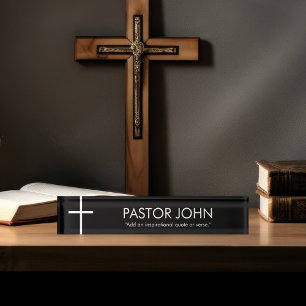 Simple White Cross with Name and Quote on Black Nameplate