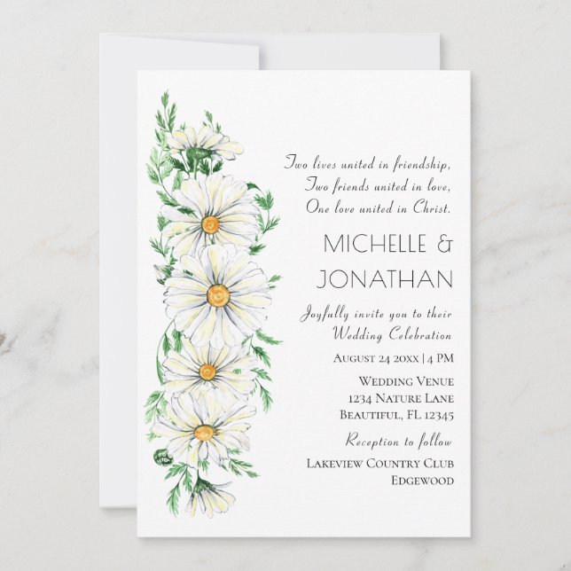 Simple White Daisies Floral Christian Wedding Invitation (Front)