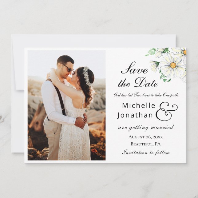 Simple White Daisies Greenery Photo Wedding Save The Date (Front)