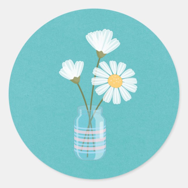 Simple White Daisies Mason Jar Bouquet Classic Round Sticker (Front)