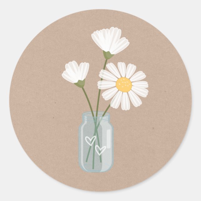 Simple White Daisies Mason Jar Hearts Bouquet Classic Round Sticker (Front)