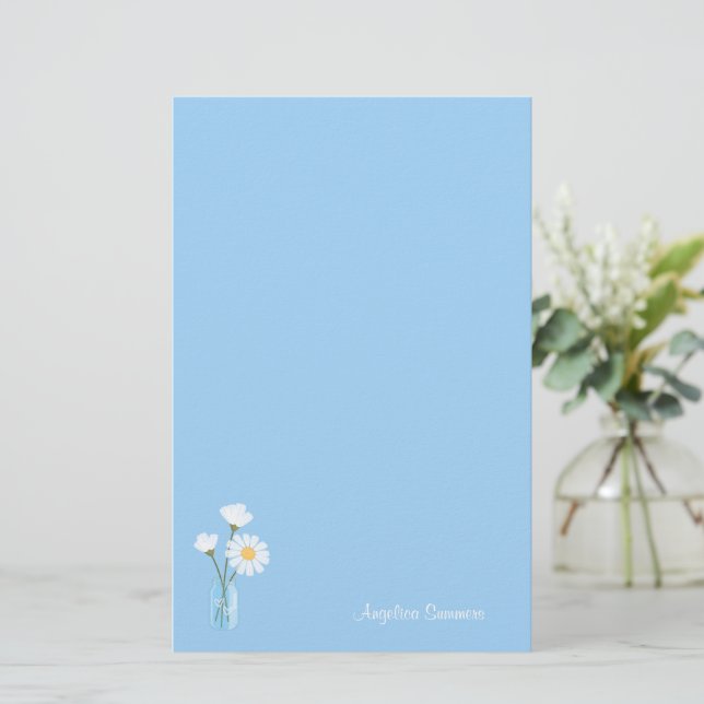 Simple White Daisies Mason Jar Hearts Bouquet Stationery (Standing Front)