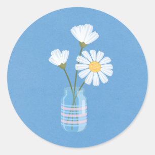 Simple White Daisies Mason Jar on Blue Classic Round Sticker