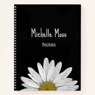 Simple White Daisy Botanical Modern Black White Notebook