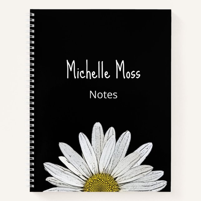 Simple White Daisy Botanical Modern Black White Notebook (Front)