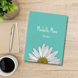 Simple White Daisy Botanical Trendy Teal Green Notebook