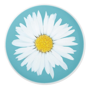 Simple White Daisy on Blue Ceramic Knob
