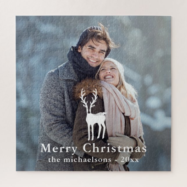 Simple White Deer Overlay Christmas Holiday Photo Jigsaw Puzzle (Vertical)