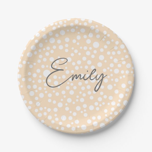 Simple white dotted pattern on peach background paper plate (Front)