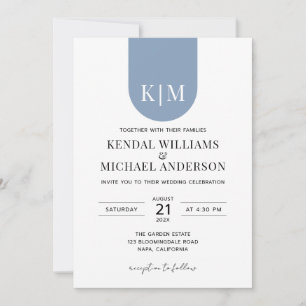 Simple white dusty blue elegant monogram wedding invitation