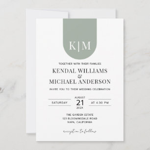 Simple white dusty green elegant monogram wedding invitation