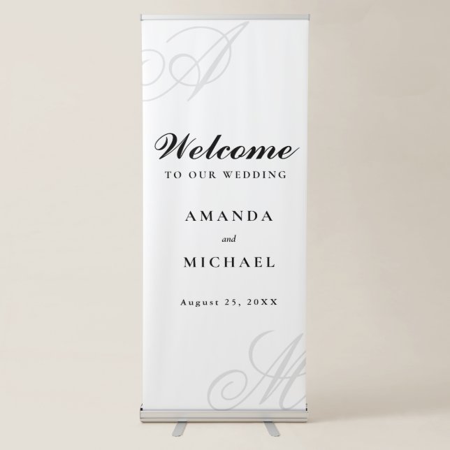 Simple White Elegant Monogram Wedding Welcome Retractable Banner (Front)