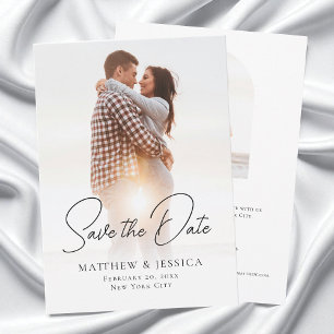 Simple White Elegant Script  Arch 2 Photo Wedding Save The Date
