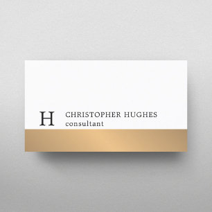 Simple White Faux Gold Stripe Monogram Consultant Business Card