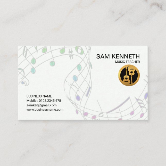 Simple White Floating Musical Notes Music Teacher Business Card (Front)