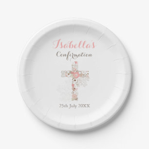 Simple white floral cross name girl confirmation paper plate