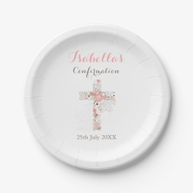 Simple white floral cross name girl confirmation paper plate (Front)