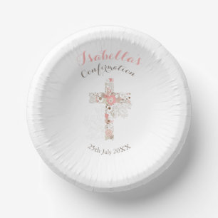 Simple white floral cross name girl confirmation paper plate