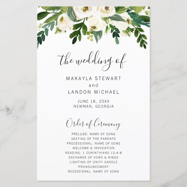 Simple White Floral Elegant Wedding Program (Front)