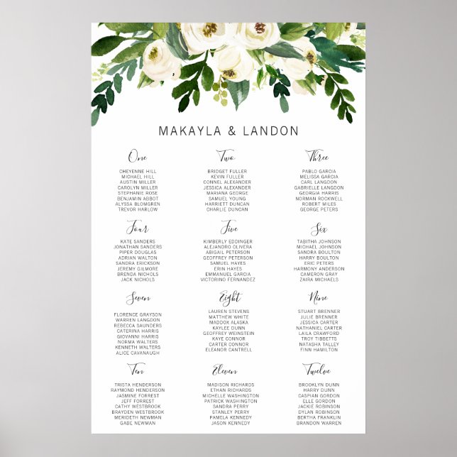Simple White Floral Elegant Wedding Seating Chart (Front)