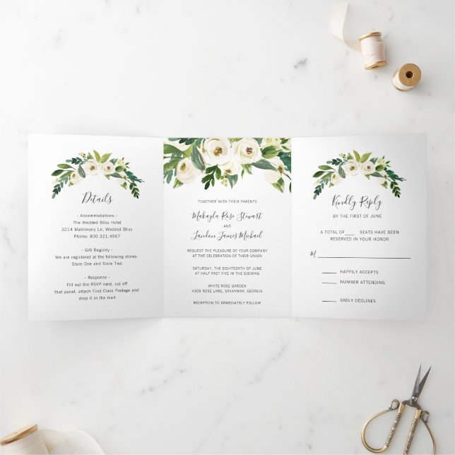 Simple White Floral Elegant Wedding Tri-Fold Invitation (Inside)