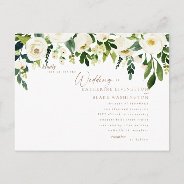 Simple White Floral & Gold Wedding Invitation (Front)