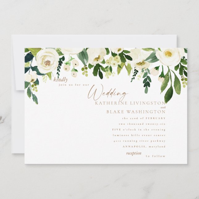 Simple White Floral & Gold Wedding Invitation (Front)