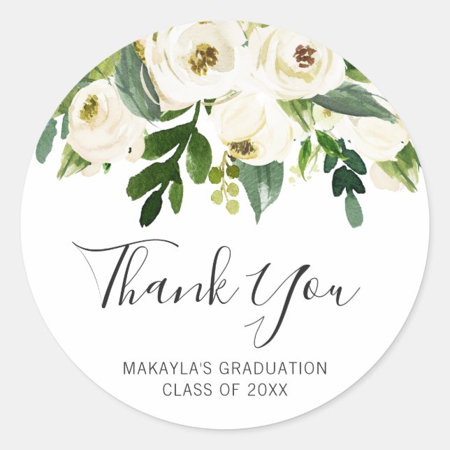 Simple White Floral Roses Elegant Graduation Classic Round Sticker (Front)