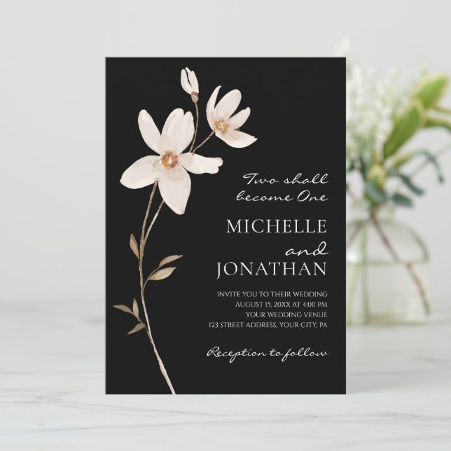 Simple White Flowers on Black Christian Wedding Invitation (Standing Front)