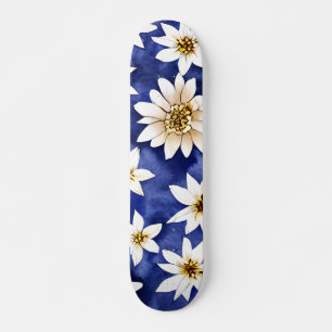 Simple White Flowers on Blue Background Watercolor Skateboard