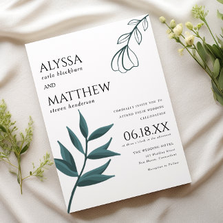 Simple white forest green foliage floral wedding invitation