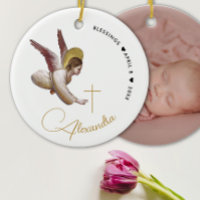 Simple White Gold Angel Bless Baptism Calligraphy