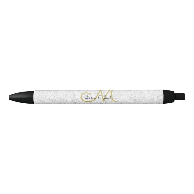 Simple White Gold Black Elegant Wedding Monogram Ink Pen (Front)