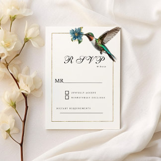 Simple white gold colourful hummingbird RSVP Invitation