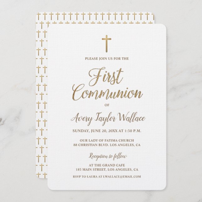 Simple White Gold Cross Modern First communion Invitation (Front/Back)