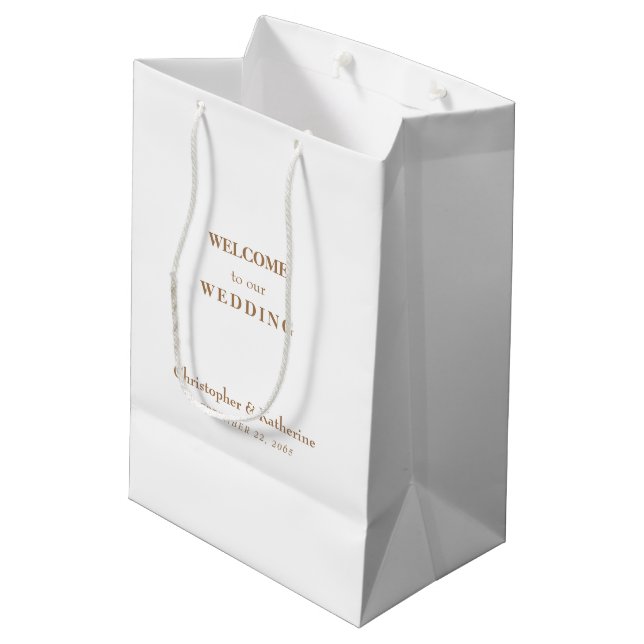 Simple White & Gold Custom Wedding Welcome Medium Gift Bag (Back Angled)
