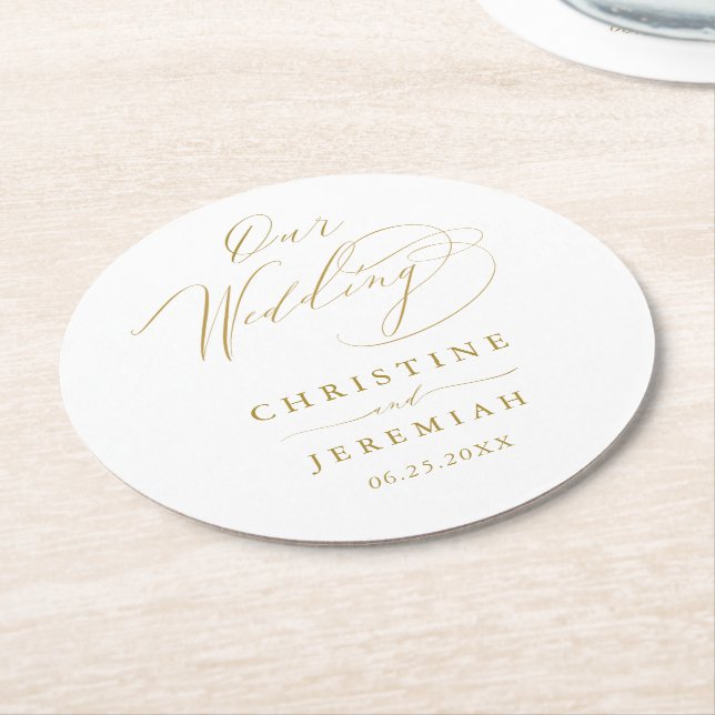 Simple White Gold Elegant Script Wedding Round Paper Coaster (Angled)