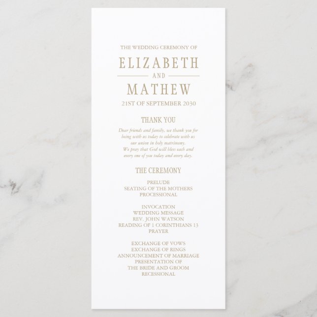 Simple White Gold Elegant Wedding Programme (Front)