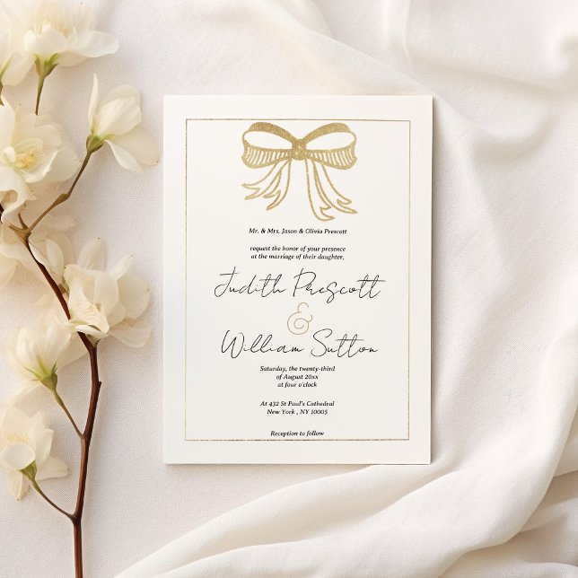 Simple white gold glitter bow ribbon Wedding Invitation (Simple white gold glitter bow ribbon Wedding )