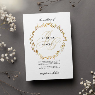 Simple white gold leaf monogram initials Wedding Invitation