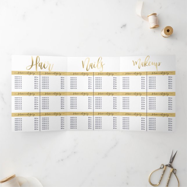 Simple White Gold Logo Salon Spa Price List Tri-Fold Invitation (Inside)