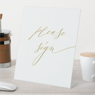 Simple White Gold Modern Script Wedding Guestbook Pedestal Sign