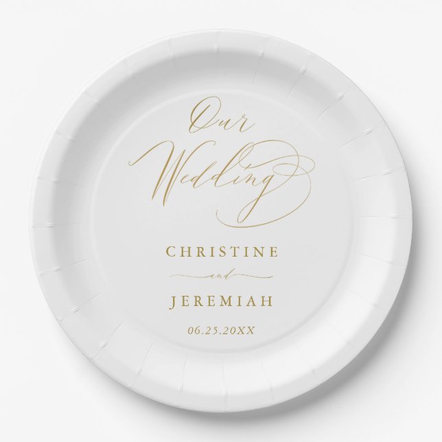 Simple White Gold Modern Script Wedding Paper Plate (Front)