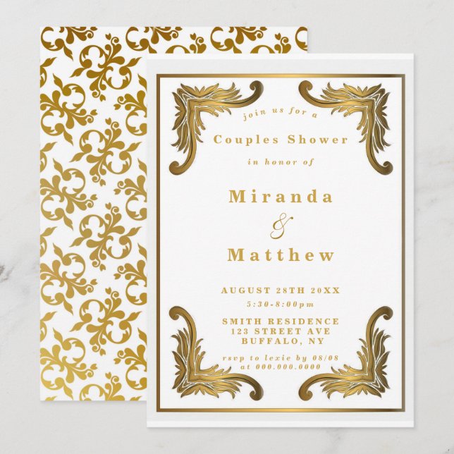 Simple White Gold Ornament Couples Shower Invites (Front/Back)