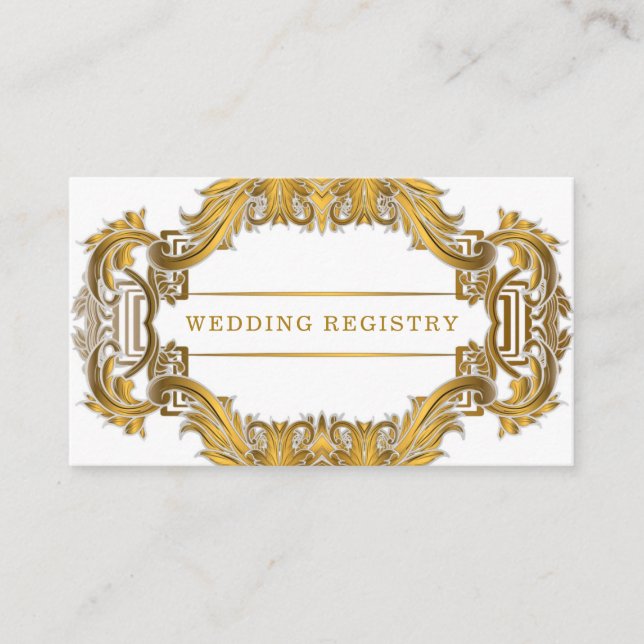 Simple White Gold Ornament Wedding Registry Business Card (Front)