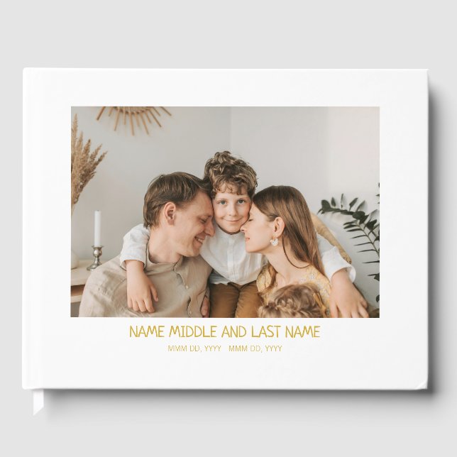  Simple White Gold Photo Celebration of Life Guest Book (Front)