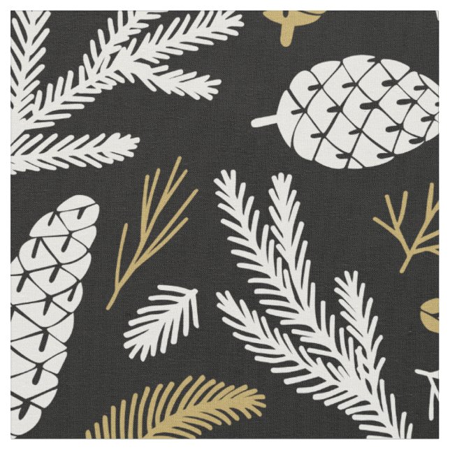 Simple White Gold Pine Cones Branches on Black Fabric (Close Up)