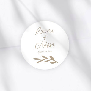 Simple White & Gold Script Wedding Classic Round Sticker
