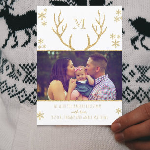 Simple White & Gold Snowflakes Christmas Photo Holiday Card